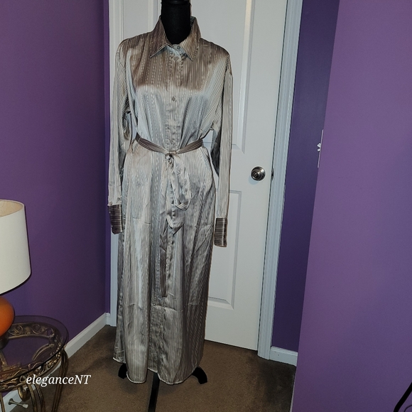 H & M Silver Striped Long Sleeve Button Down Dress Sz: L NWT - Picture 3 of 10